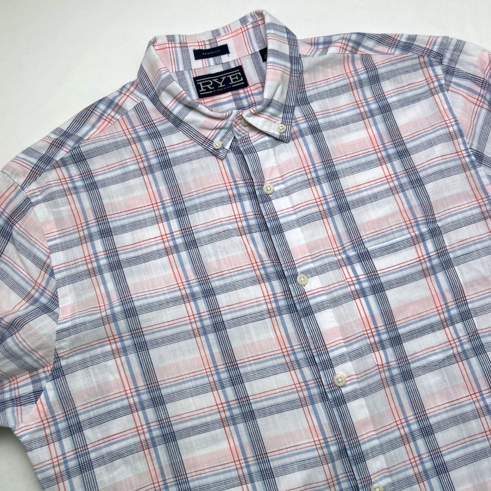 Hawker Rye Men Regular Fit Plaid Button Down Shirt Size L Blue Pink White Office